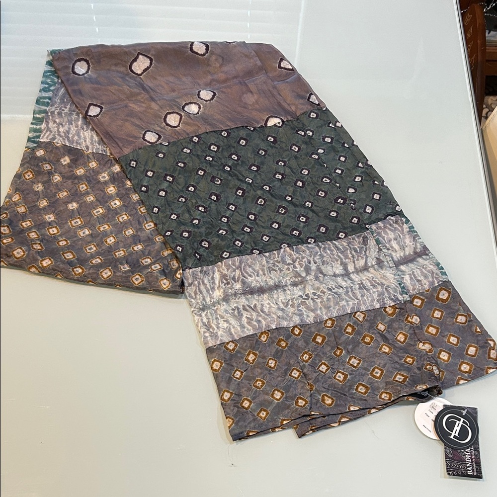 NWT Silk Scarf with Blue Purplew Browns Design by Bandhani India